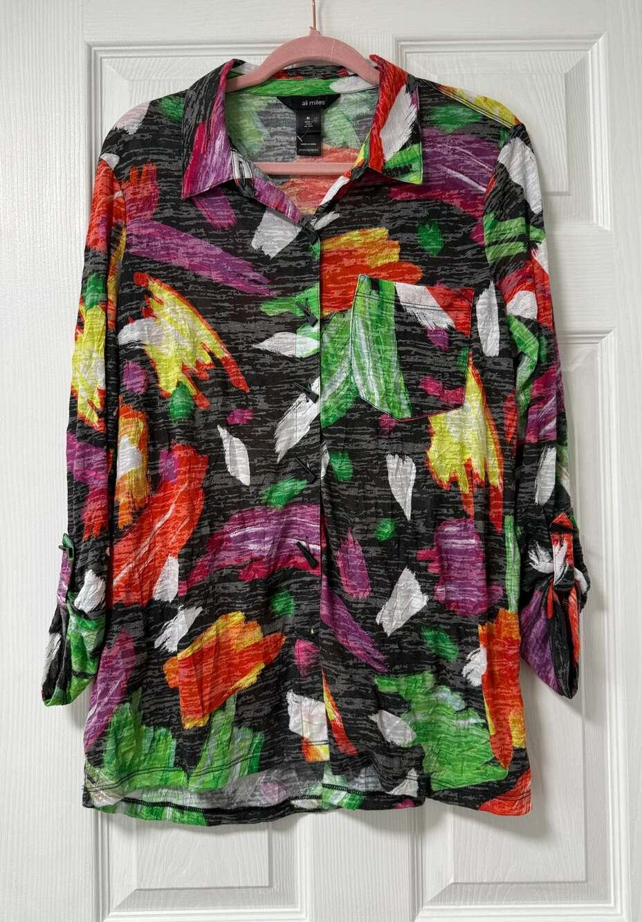 Ali Miles Women's Multicolor Abstract Roll Tab Sleeve Tunic Top Size Medium